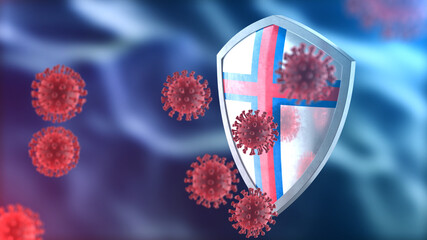 Faroe Islands protects from corona virus steel shield concept. Coronavirus Sars-Cov-2 safety barrier, defend against cells, source of covid-19 disease.