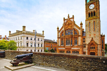 Derry, North Ireland. Aerial view of Derry Londonderry city center in Northern Ireland, UK. Sunny...