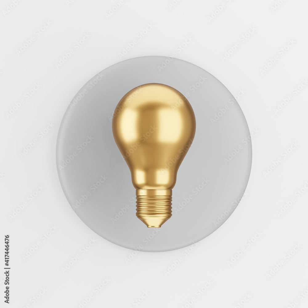 Poster realistic golden light bulb icon. 3d rendering gray round key button, interface ui ux element.