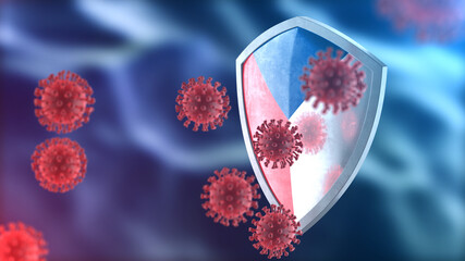 Czech protects from corona virus steel shield concept. Coronavirus Sars-Cov-2 safety barrier, defend against cells, source of covid-19 disease.