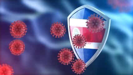 Costa Rica protects from corona virus steel shield concept. Coronavirus Sars-Cov-2 safety barrier, defend against cells, source of covid-19 disease.