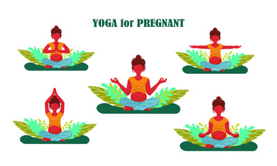 A set of pregnant young women in a Yoga pose with green leaves on the background. A banner, poster for Medical, Pregnancy projects. A flat illustration. Vector.  EPS 10. 