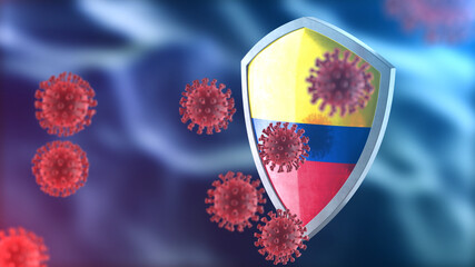 Colombia protects from corona virus steel shield concept. Coronavirus Sars-Cov-2 safety barrier, defend against cells, source of covid-19 disease.