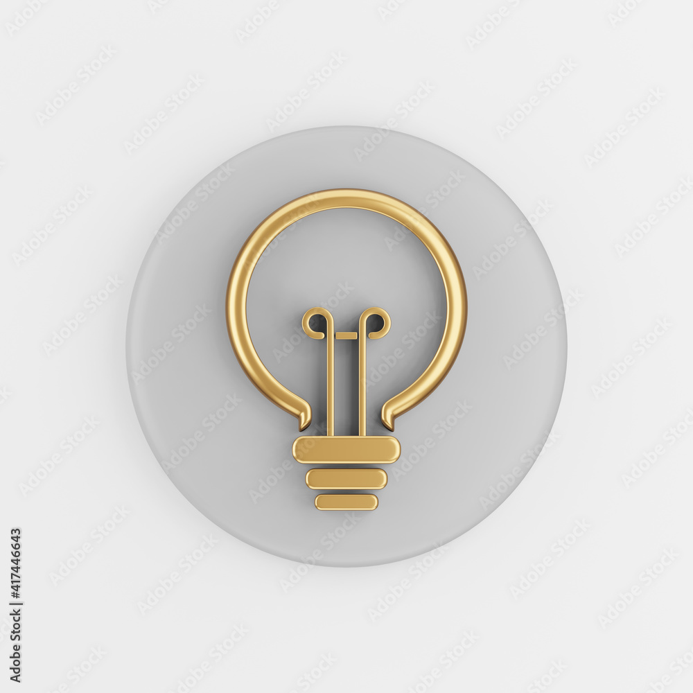 Poster stylized gold light bulb linear outline icon. 3d rendering gray round key button, interface ui ux el