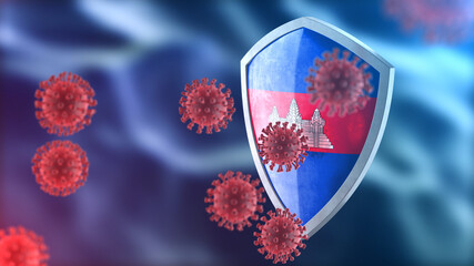 Cambodia protects from corona virus steel shield concept. Coronavirus Sars-Cov-2 safety barrier, defend against cells, source of covid-19 disease.