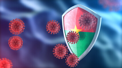 Fototapeta premium Burkina Faso protects from corona virus steel shield concept. Coronavirus Sars-Cov-2 safety barrier, defend against cells, source of covid-19 disease.