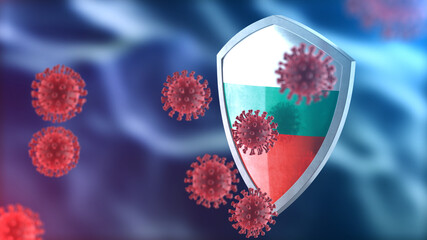 Bulgaria protects from corona virus steel shield concept. Coronavirus Sars-Cov-2 safety barrier, defend against cells, source of covid-19 disease.