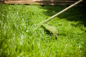 Obraz premium mowing a green lawn with a lawn mower