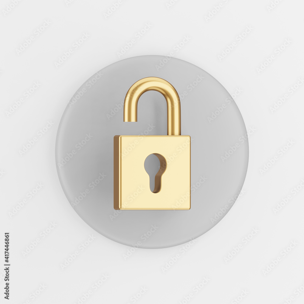 Poster golden open padlock icon. 3d rendering gray round key button, interface ui ux element.