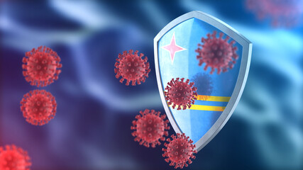 Aruba protects from corona virus steel shield concept. Coronavirus Sars-Cov-2 safety barrier, defend against cells, source of covid-19 disease.