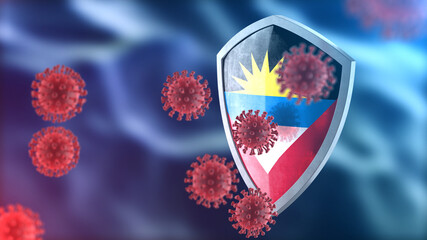 Antigua and Barbuda protects from corona virus steel shield concept. Coronavirus Sars-Cov-2 safety barrier, defend against cells, source of covid-19 disease.