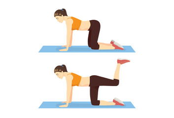 Woman doing Donkey Kick Exercise on the floor in 2 steps. Illustration about the workout to target at leg and thigh.