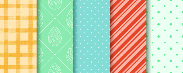 Easter seamless Patterns set in pastel colors. Eggs, Gingham, Polka Dot and Striped pattern collection. Endless texture for web, picnic tablecloth, wrapping paper. Pattern templates in Swatches panel.
