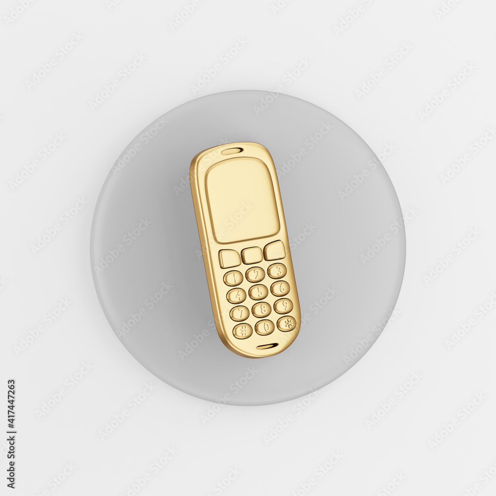 Poster gold mobile phone icon. 3d rendering gray round key button, interface ui ux element.