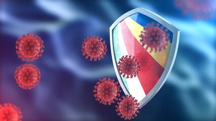 Seychelles protects from corona virus steel shield concept. Coronavirus Sars-Cov-2 safety barrier, defend against cells, source of covid-19 disease.