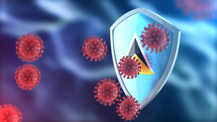 Saint Lucia protects from corona virus steel shield concept. Coronavirus Sars-Cov-2 safety barrier, defend against cells, source of covid-19 disease.