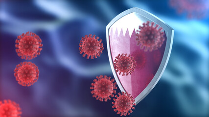 Fototapeta premium Qatar protects from corona virus steel shield concept. Coronavirus Sars-Cov-2 safety barrier, defend against cells, source of covid-19 disease.