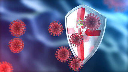 Northern Ireland protects from corona virus steel shield concept. Coronavirus Sars-Cov-2 safety barrier, defend against cells, source of covid-19 disease.