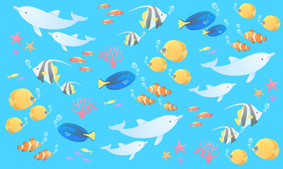 夏のイルカや熱帯魚のマリンなシームレス壁紙のベクターイラスト