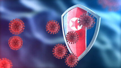 North Korea protects from corona virus steel shield concept. Coronavirus Sars-Cov-2 safety barrier, defend against cells, source of covid-19 disease.
