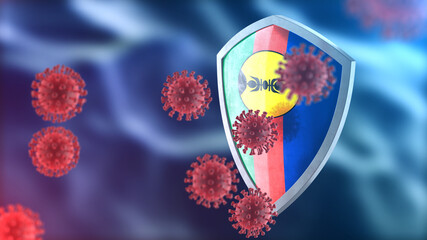 New Caledonia protects from corona virus steel shield concept. Coronavirus Sars-Cov-2 safety barrier, defend against cells, source of covid-19 disease.