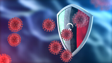 Libya protects from corona virus steel shield concept. Coronavirus Sars-Cov-2 safety barrier, defend against cells, source of covid-19 disease.