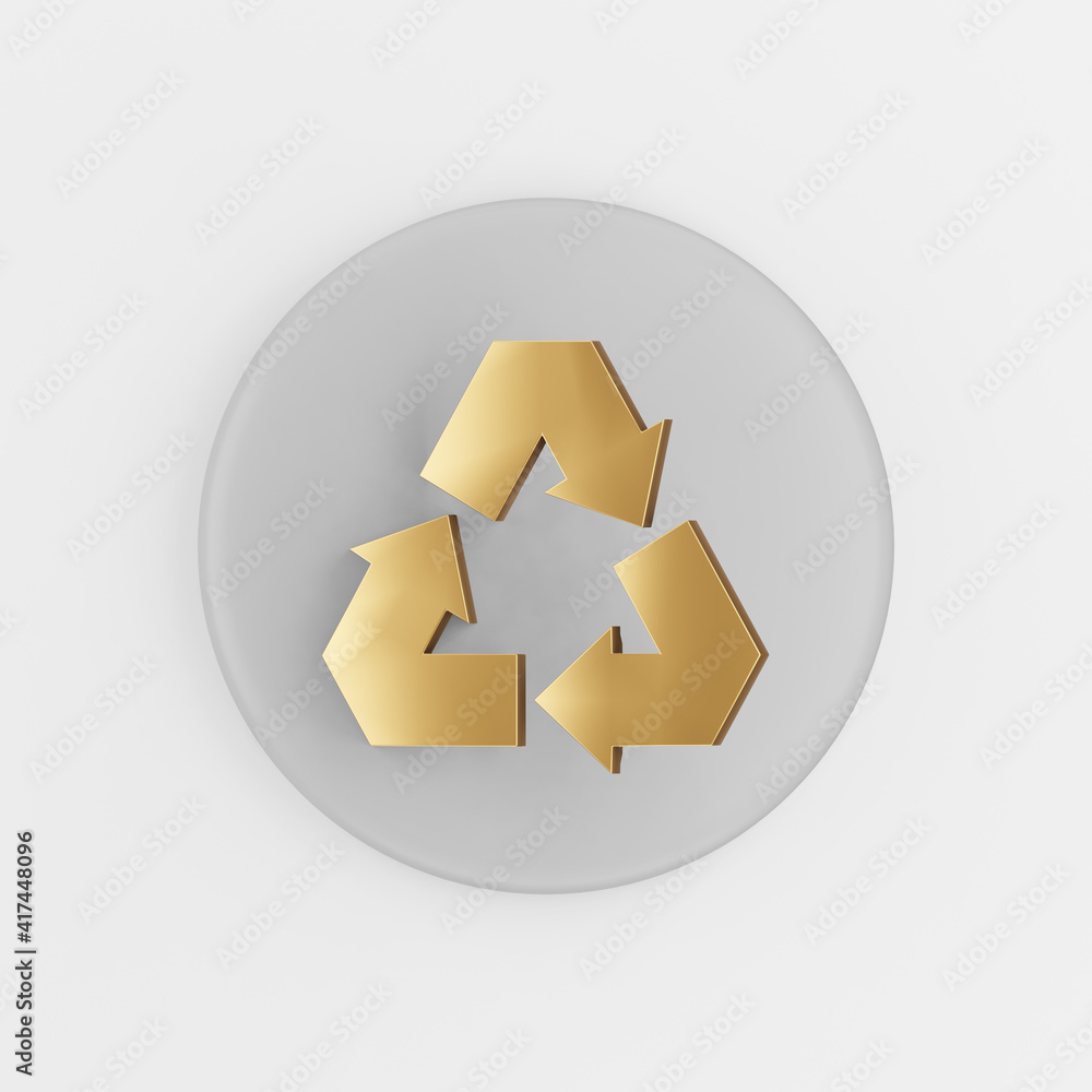 Poster recycling golden symbol icon. 3d rendering gray round key button, interface ui ux element.