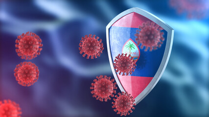 Guam protects from corona virus steel shield concept. Coronavirus Sars-Cov-2 safety barrier, defend against cells, source of covid-19 disease.
