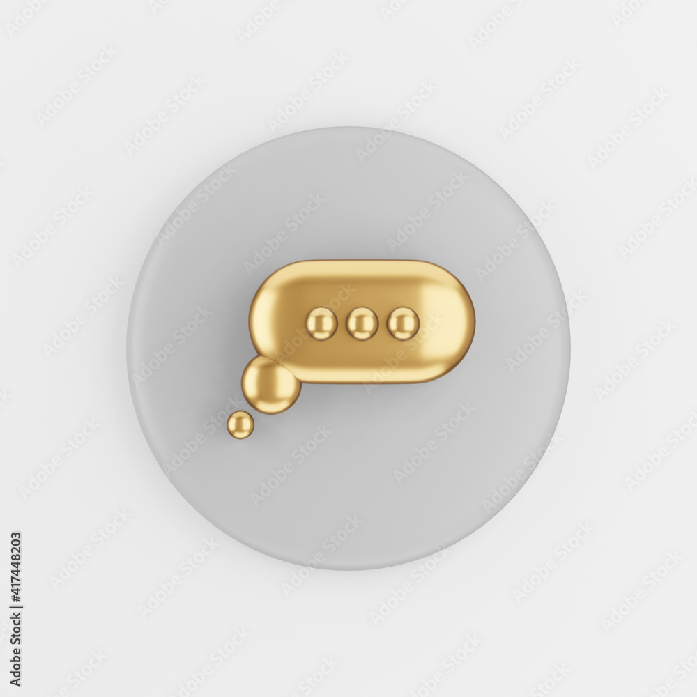 Poster golden round speech bubble icon. 3d rendering gray round key button, interface ui ux element.