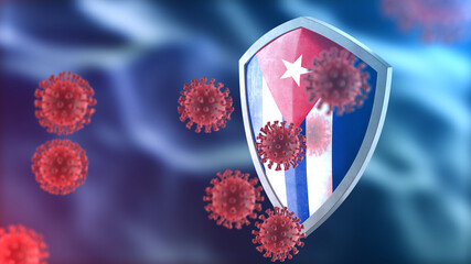 Cuba protects from corona virus steel shield concept. Coronavirus Sars-Cov-2 safety barrier, defend against cells, source of covid-19 disease.
