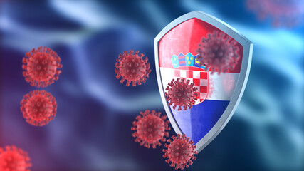 Croatia protects from corona virus steel shield concept. Coronavirus Sars-Cov-2 safety barrier, defend against cells, source of covid-19 disease.