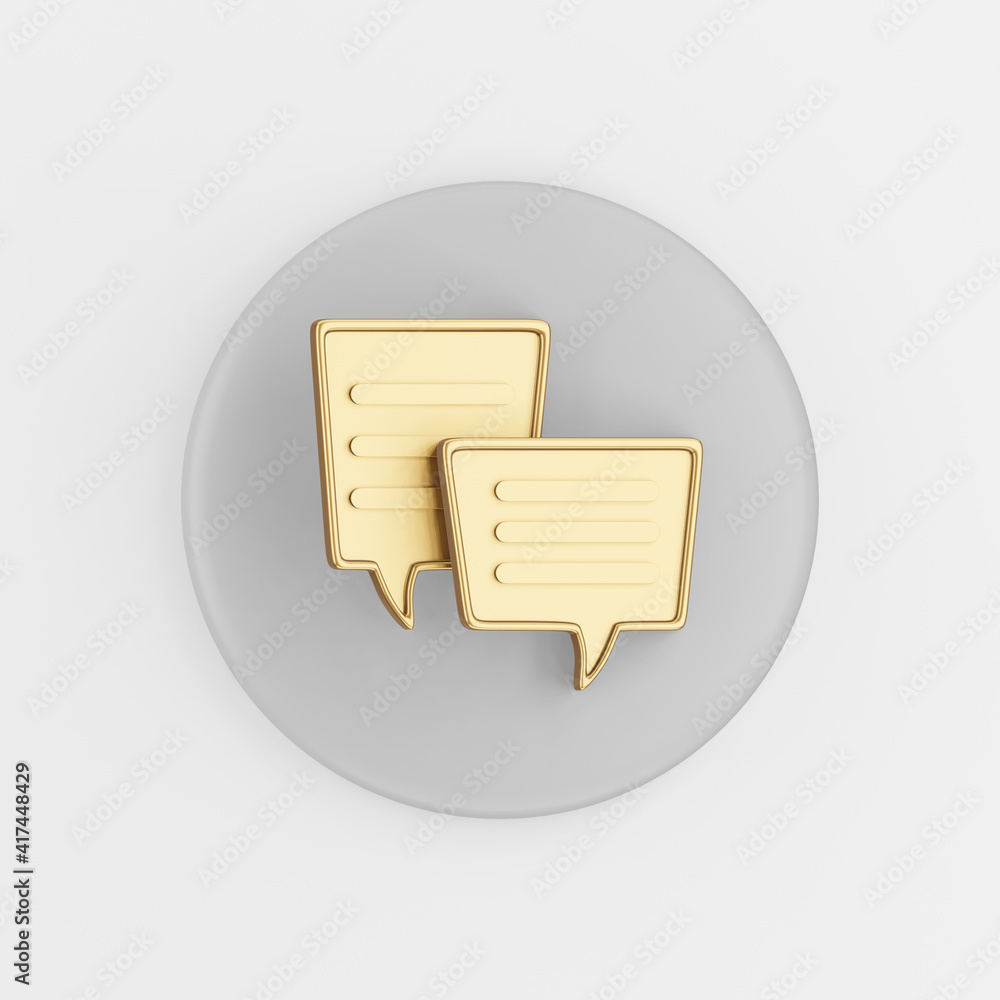 Poster gold square speech balloons icon. 3d rendering gray round key button, interface ui ux element.