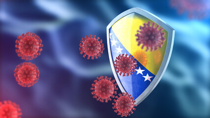 Bosnia and Herzegovina protects from corona virus steel shield concept. Coronavirus Sars-Cov-2 safety barrier, defend against cells, source of covid-19 disease.