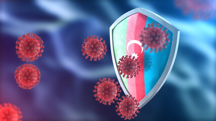 Azerbaijan protects from corona virus steel shield concept. Coronavirus Sars-Cov-2 safety barrier, defend against cells, source of covid-19 disease.