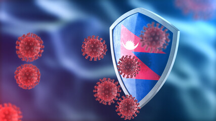 Nepal protects from corona virus steel shield concept. Coronavirus Sars-Cov-2 safety barrier, defend against cells, source of covid-19 disease.