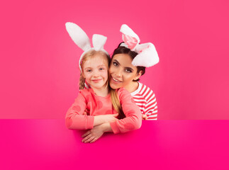 Happy girls with bunny ears. Little sister celebrate easter. Egg hunt.