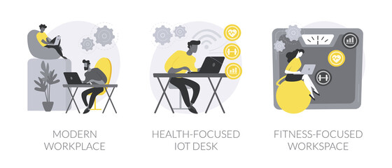 Modern office abstract concept vector illustration set. Modern workplace, health-focused IOT desks, fitness-focused lifestyle, employee happiness and well-being, activity tracking abstract metaphor.