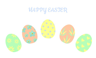 Festive greeting card with colored eggs in pastel colors
 Happy Easter. For printing on covers, decorative pillows, cups, kitchen textiles. Vector graphics.