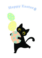 Postcard with black cute cat holding a painted egg on a lilac background
 Happy easter. For printing on decorative pillows, brochures, leaflets, cups, kitchen textiles. Vector graphics.