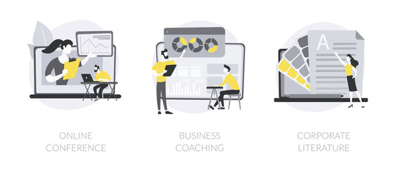 Business training abstract concept vector illustration set. Online conference, business coaching and mentoring, corporate literature, digital meetup, brand newsletter, success abstract metaphor.