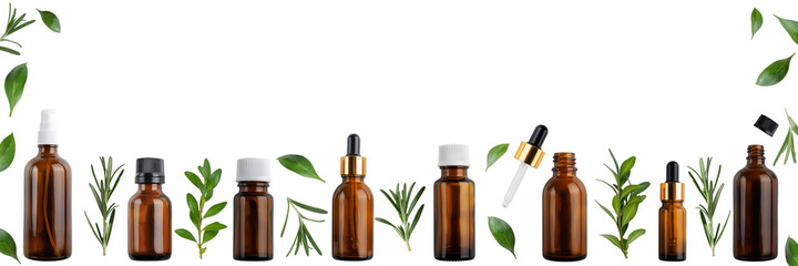 Dropper and spray bottles with oil and herbs isolated on white background flat lay view banner with...