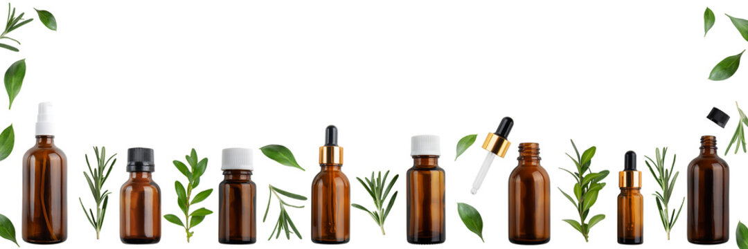 Dropper And Spray Bottles With Oil And Herbs Isolated On White Background Flat Lay View Banner With Copy Space. Herbal Cosmetics Concept