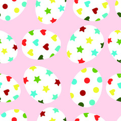 Festive seamless pattern with colored eggs in pink colors. For printing on fabrics, decorative pillows, kitchen textiles, paper. Vector graphics.
