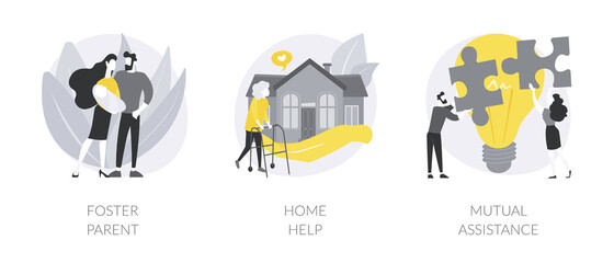 Social responsibility abstract concept vector illustration set. Foster parent, home help, mutual assistance, teamwork, care allowance, adoption of child, senior on wheelchair abstract metaphor.