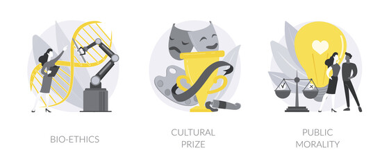 Culture and ethics abstract concept vector illustration set. Bioethics and genetic biotechnology, cultural prize, public morality and ethical standards, nobel laureate, life science abstract metaphor.