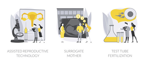 Infertility procedures abstract concept vector illustration set. Assisted reproductive technology, surrogate mother, test tube fertilization, in vitro, egg cell, pregnant woman abstract metaphor.