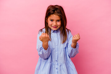 Little caucasian girl isolated on pink background  cheering carefree and excited. Victory concept.