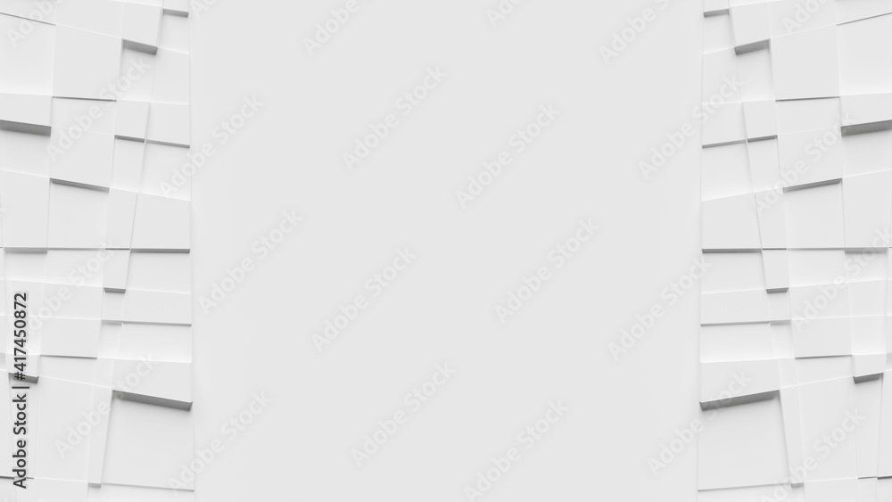 Poster white, abstract, geometric background made of irregular squares with copy space in the middle. 3d re