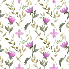 Cute watercolor floral design. Abstract pink flowers and green leaves isolated on a white background. Hand-drawn spring and summer plants. Seamless texture, fashion fabric and vintage wallpaper print
