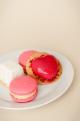 Assorted pink and white mousse cakes and macaroons on a white plate with a light background
